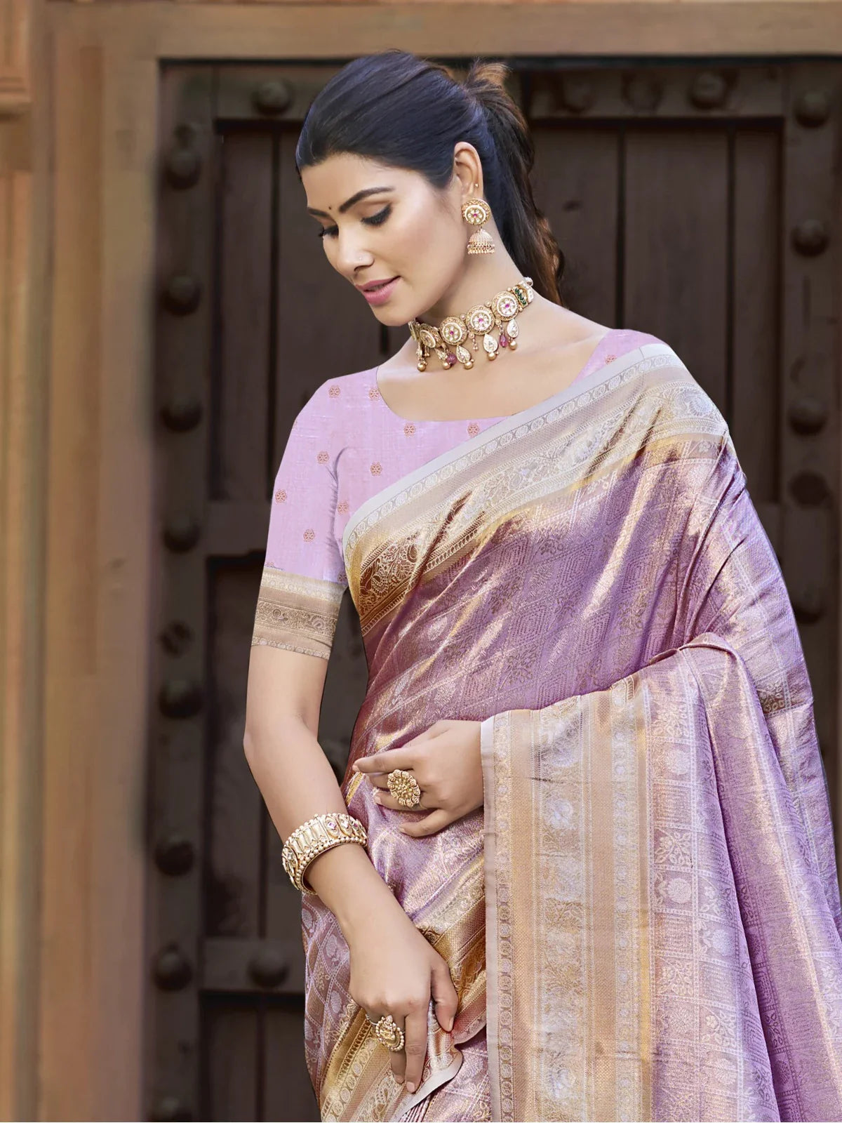 Tarani lavender kanjivaram silk saree upper body view showing blouse and jewellery