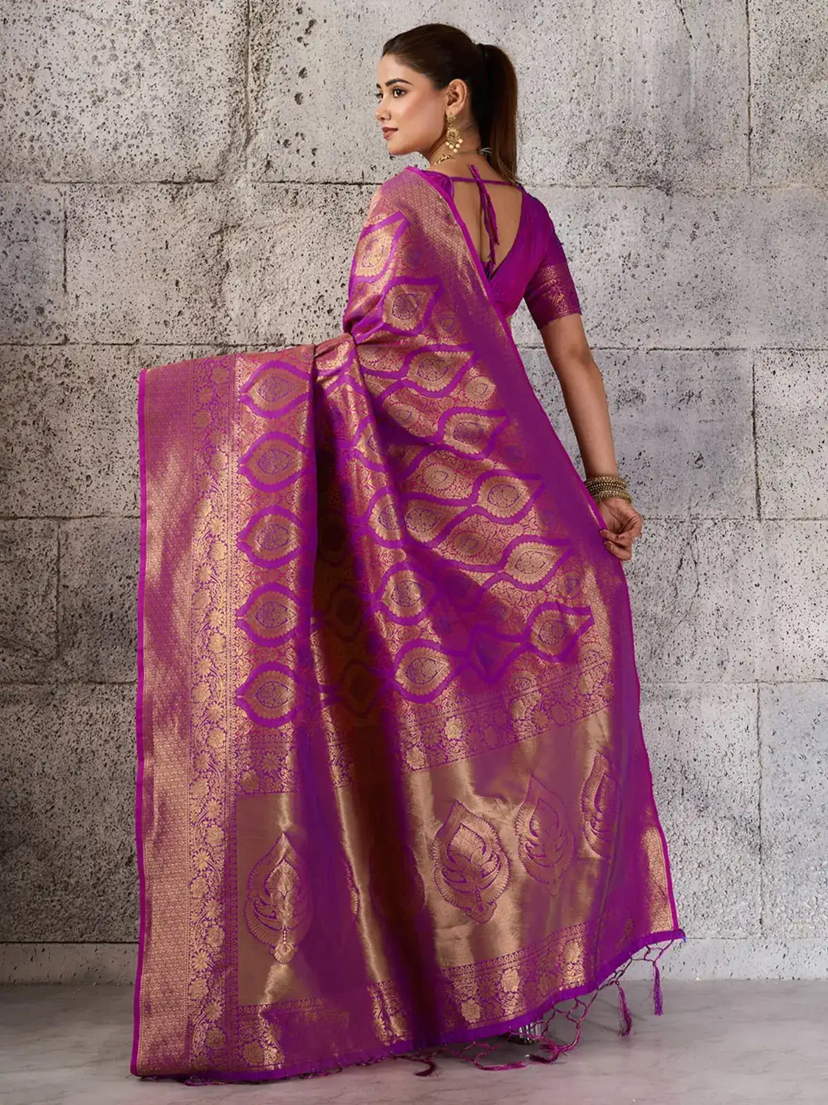 Tarani magenta Kanjivaram silk blend saree elegant back view with gold zari pallu