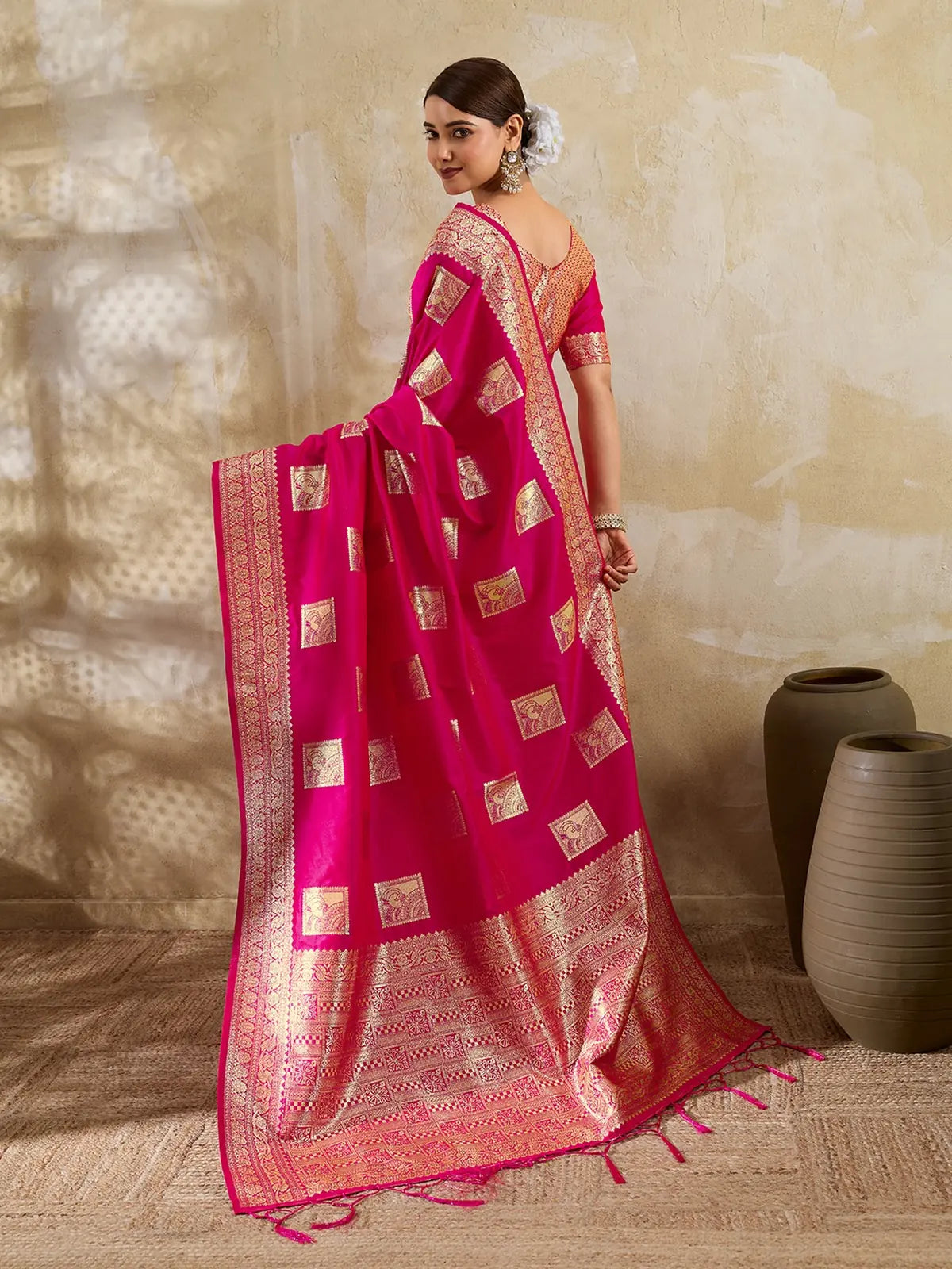 Tarani magenta silk blend zari work saree elegant back drape view