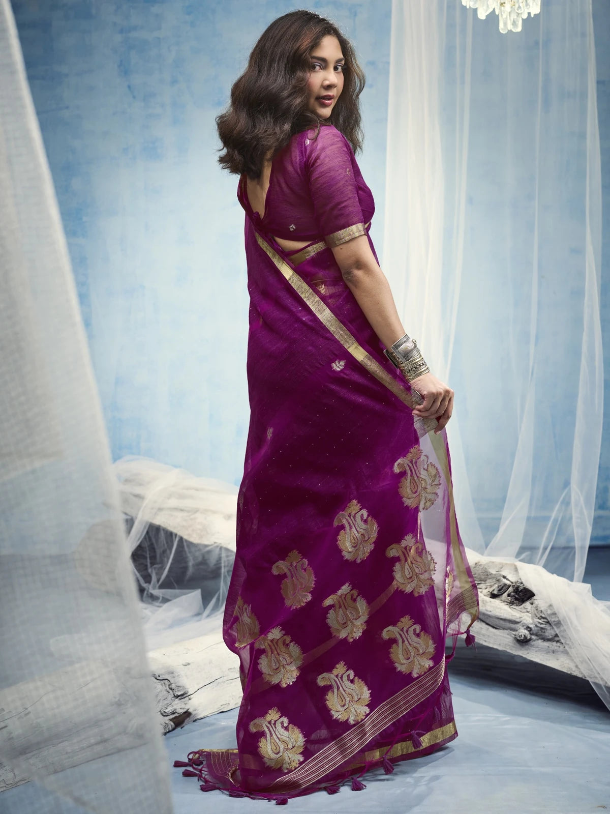 Tarani back view magenta handloom saree with woven border and pallu