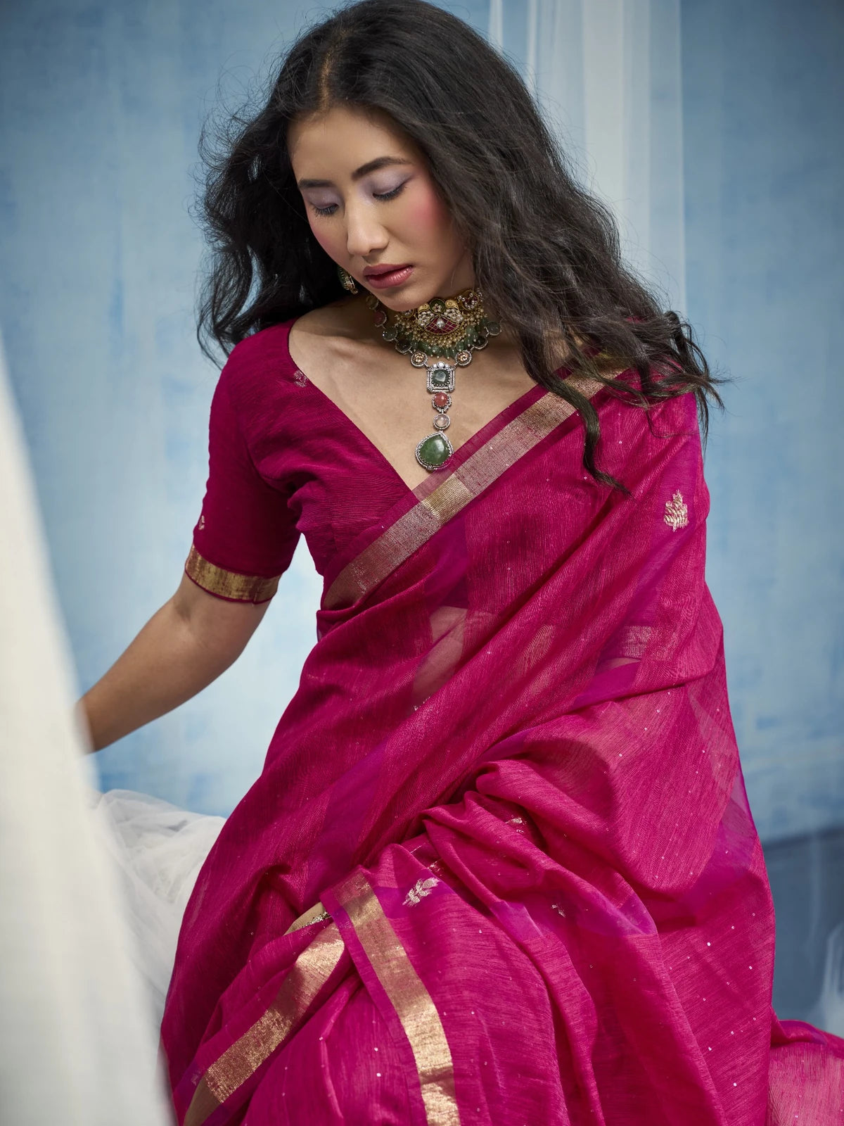 Tarani closeup of magenta Munga Silk blouse and border