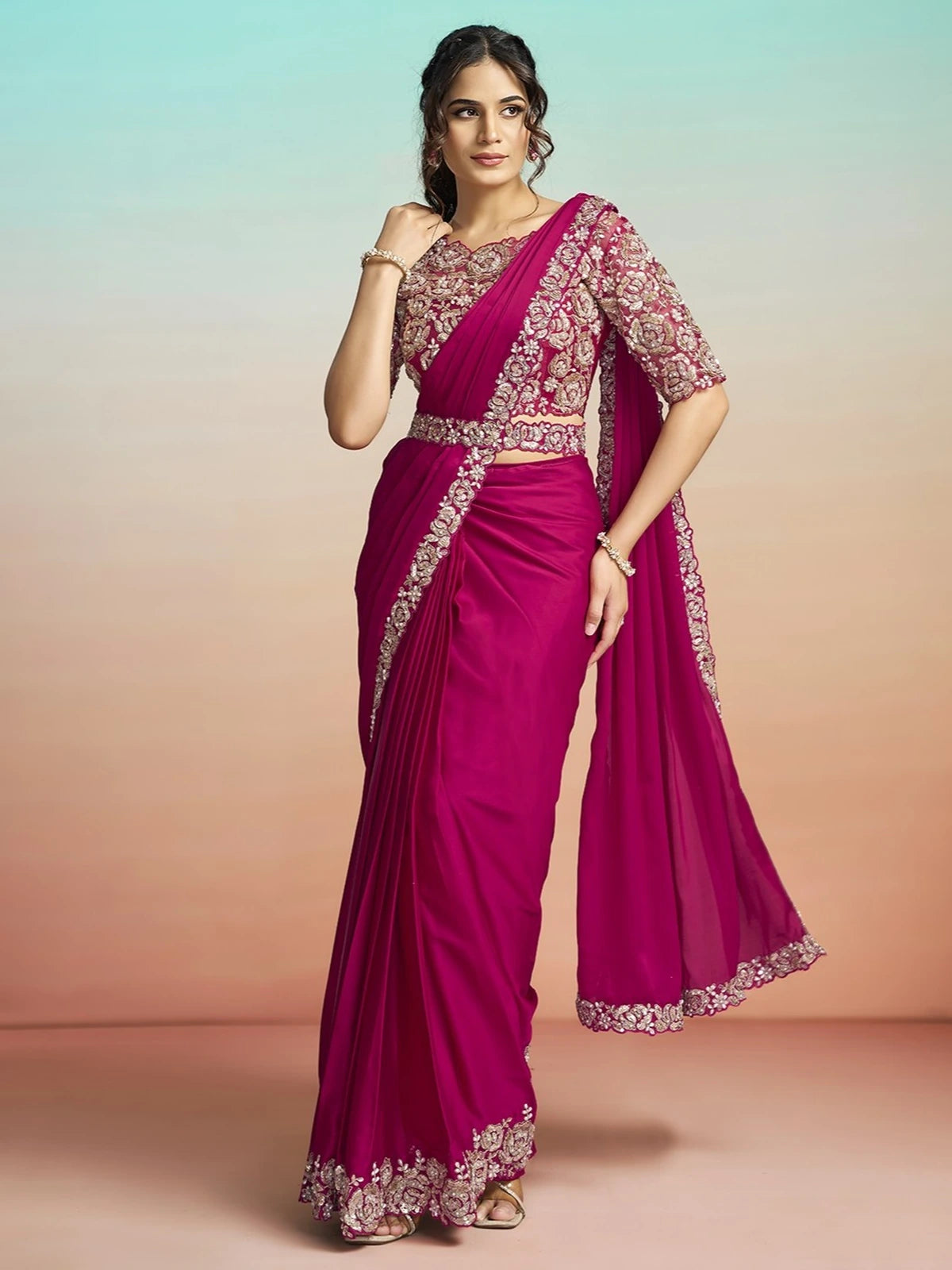 Tarani Vandana magenta ready to wear satin silk saree with blouse belt front view