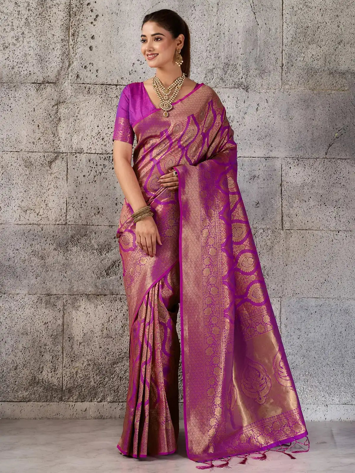 Tarani magenta Kanjivaram silk blend saree with gold zari work full view for wedding and festive wear