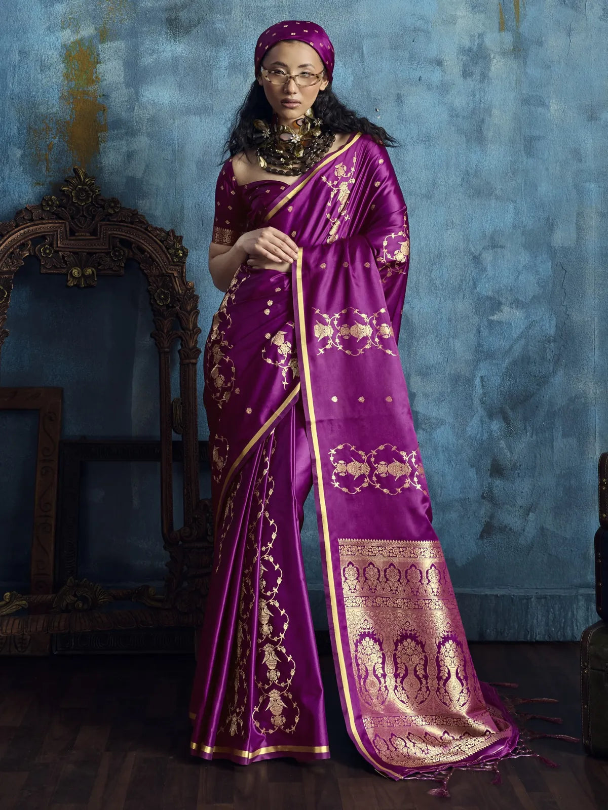 Tarani Nehal pure satin handloom weaving silk saree in magenta with zari woven pallu full view