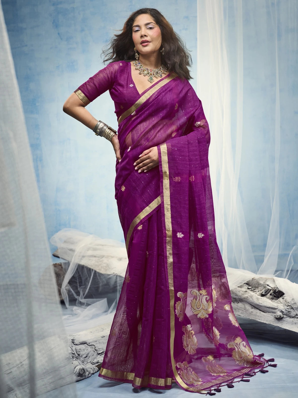 Tarani pure Munga Silk Handloom magenta saree full view with organza pallu and woven border