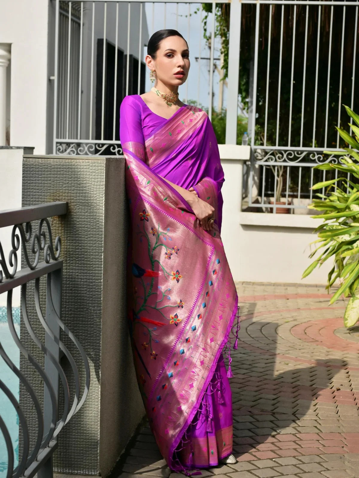 Tarani magenta Banarasi Paithani silk saree full view with rich zari pallu for festive and party wear