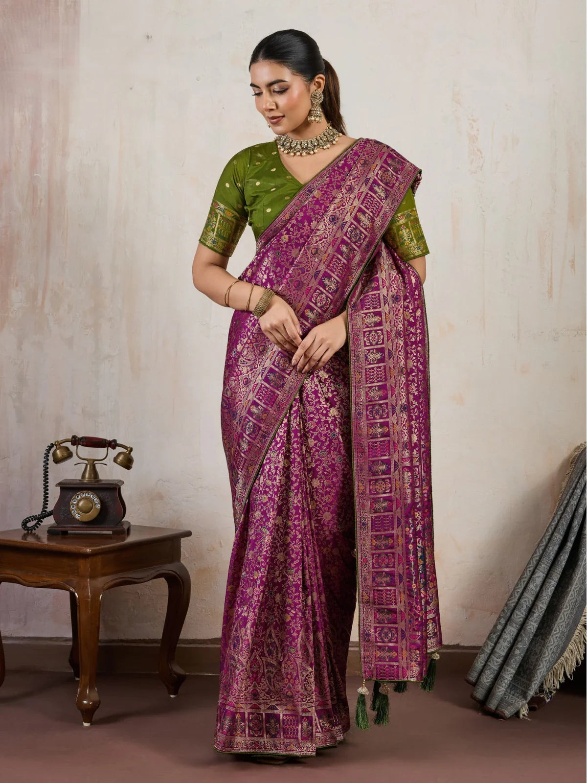 Tarani magenta Makhmal Soft Silk saree with Meenakari work and grand pallu design