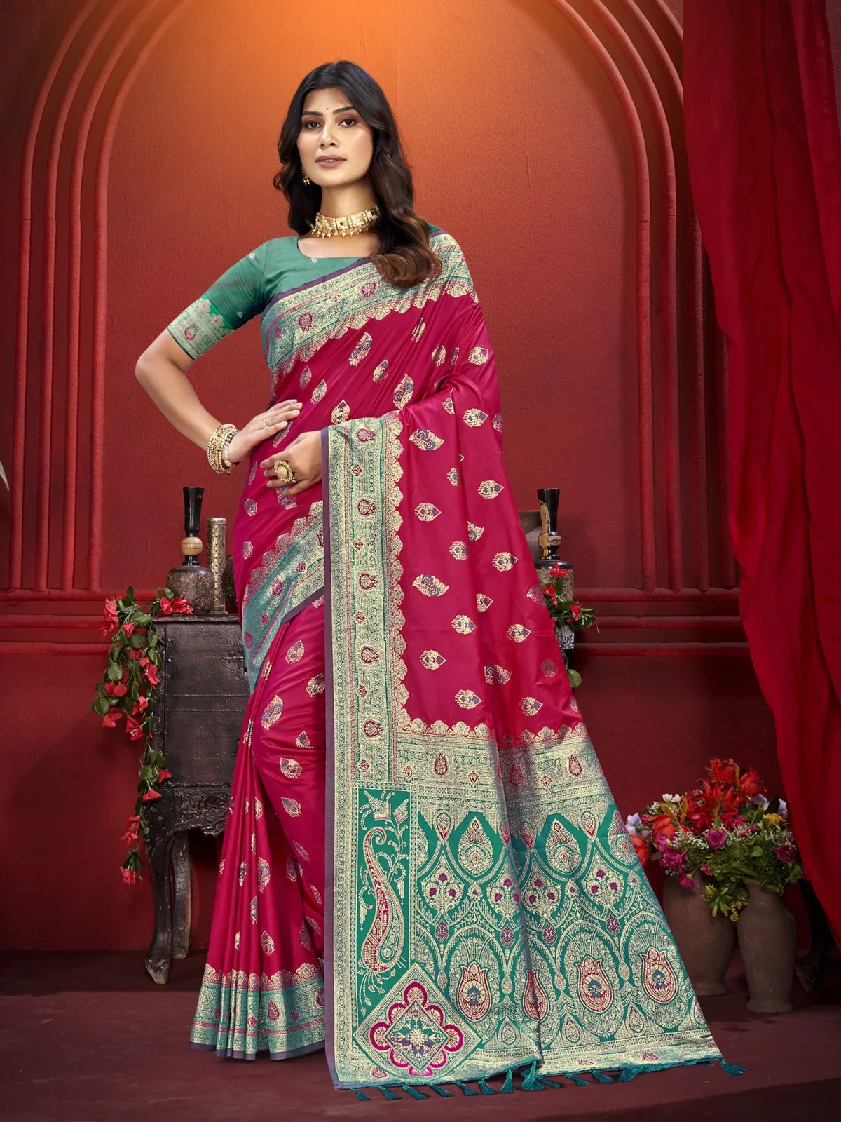 Tarani magenta silk saree with green border and zari detailing - full view festive wear