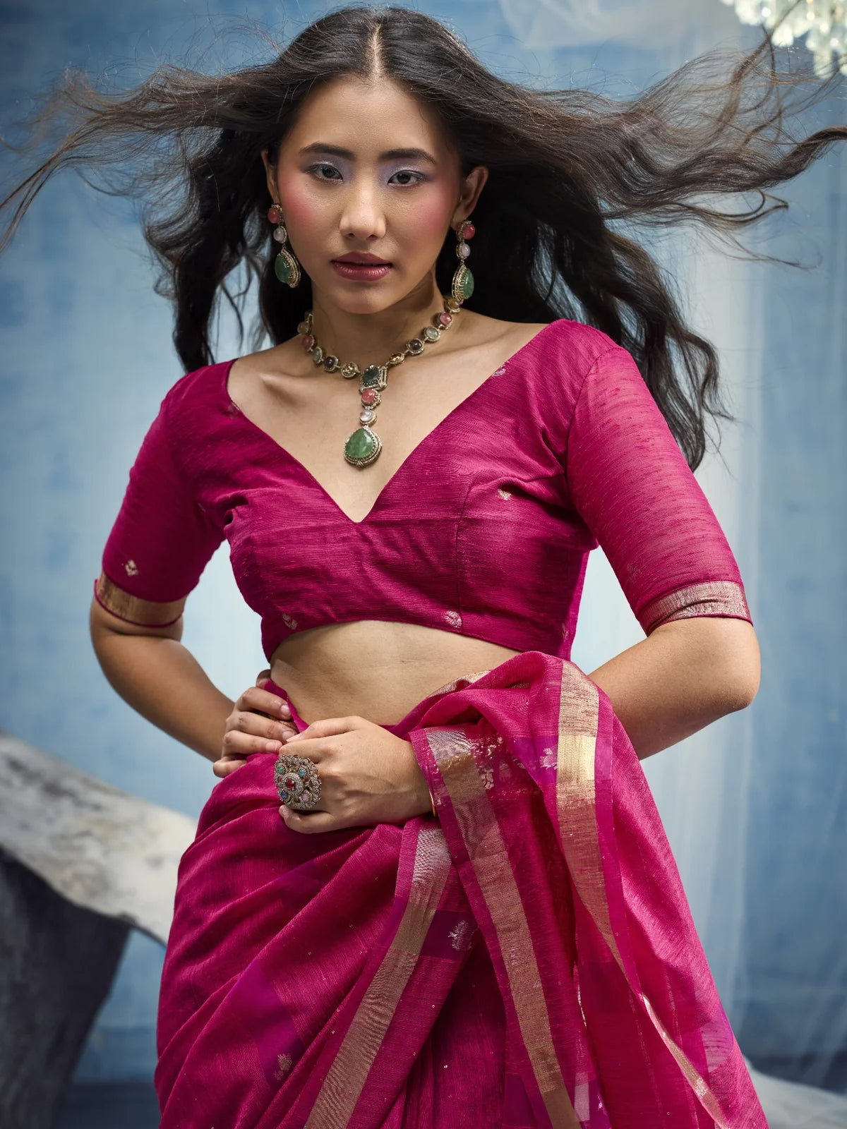 Tarani magenta Munga Silk saree upper body view with woven blouse