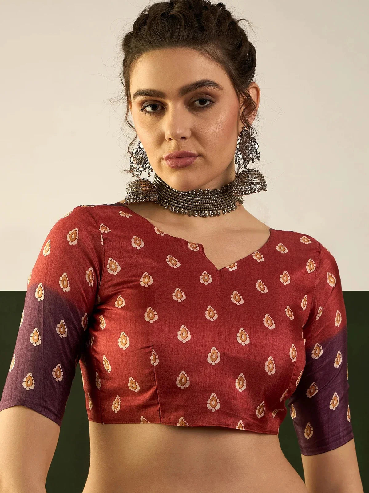 Tarani maroon silk saree blouse close-up with Bagh print design