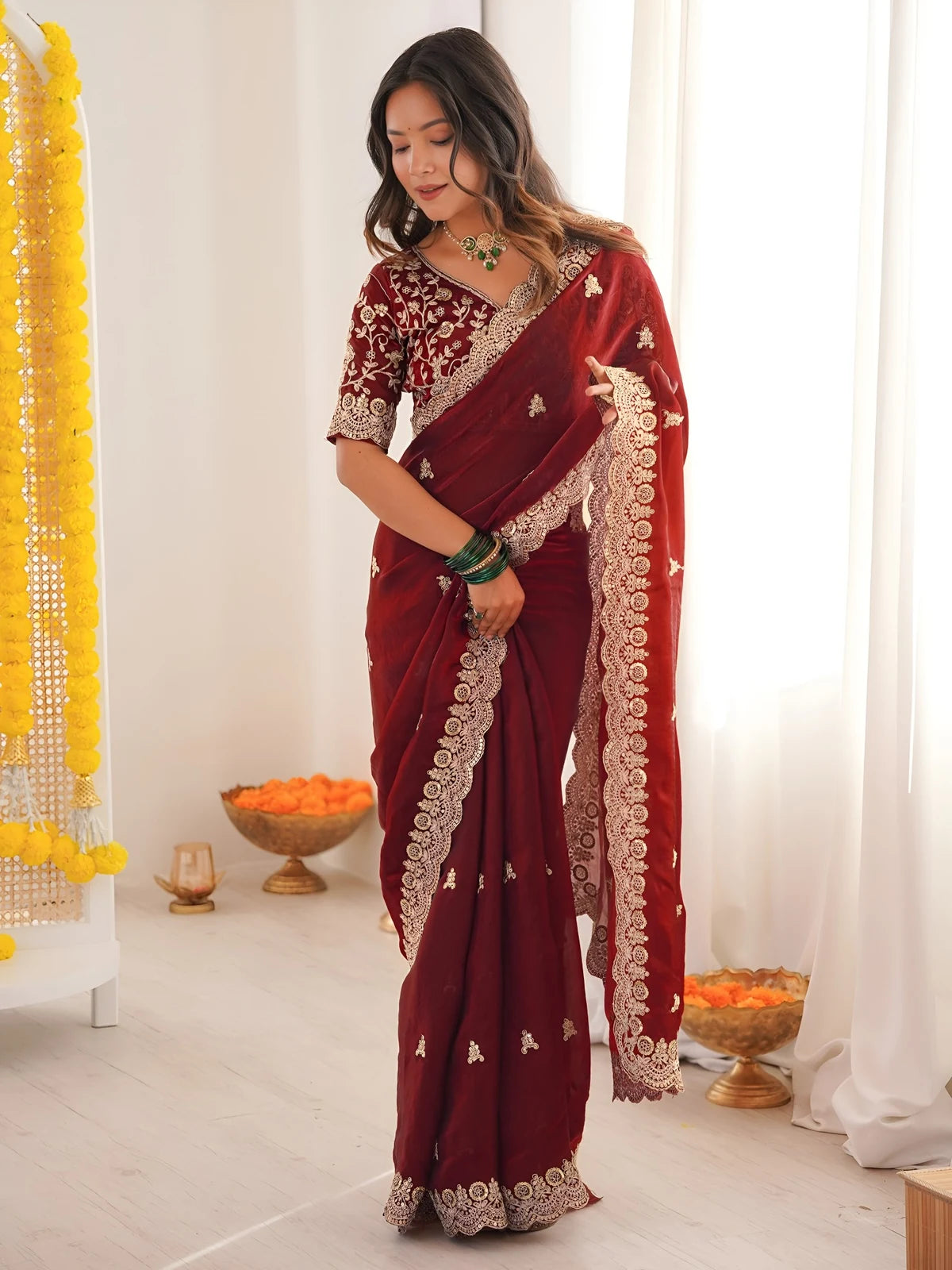 Tarani Mrunmayi maroon saree front view with sequins embroidery and cutwork border