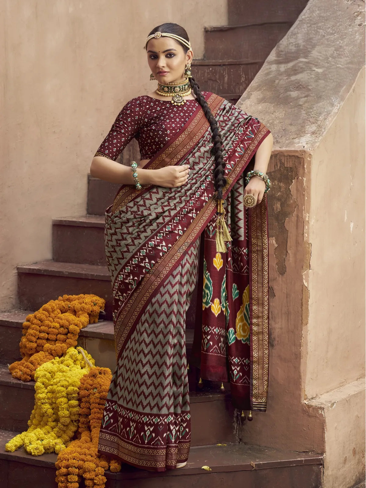 Tarani maroon silk patola saree with blouse full view for festive and casual wear