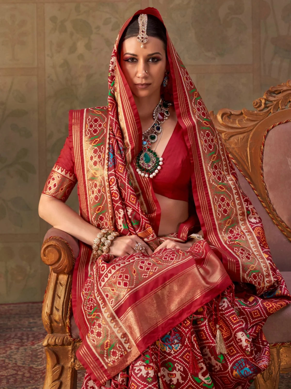 Tarani maroon Patola silk saree with jari work upper body view