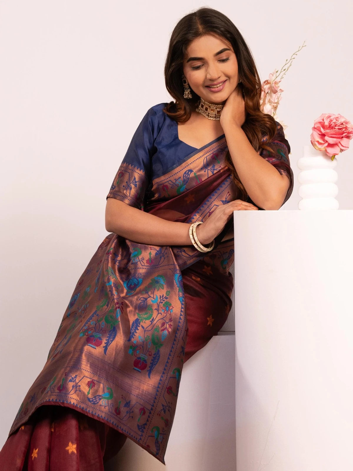 Tarani premium maroon Soft Tissue Silk Paithani saree upper-body-view Kahini