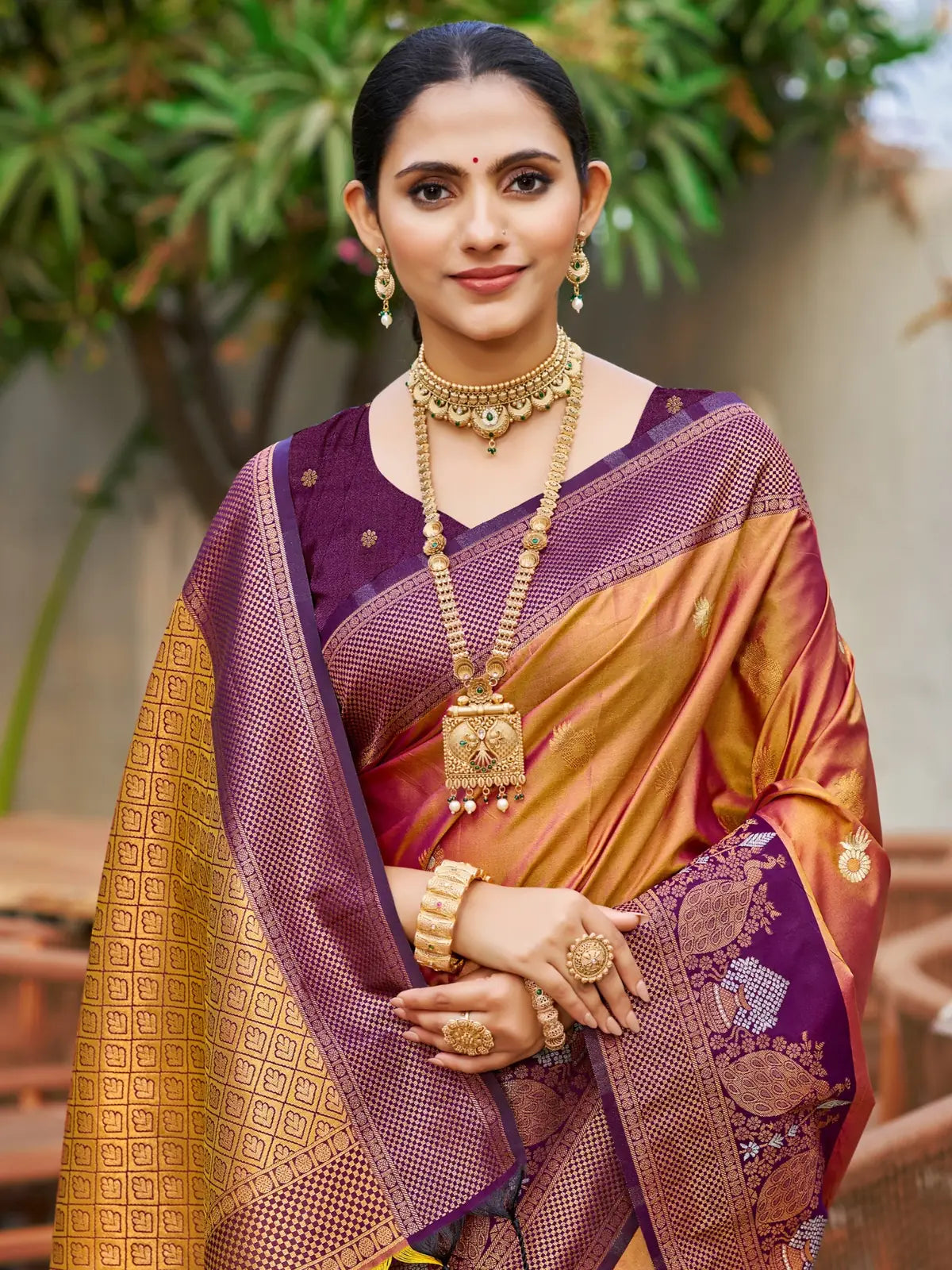 Tarani maroon soft silk saree upper body view with woven zari blouse and rich handloom detailing