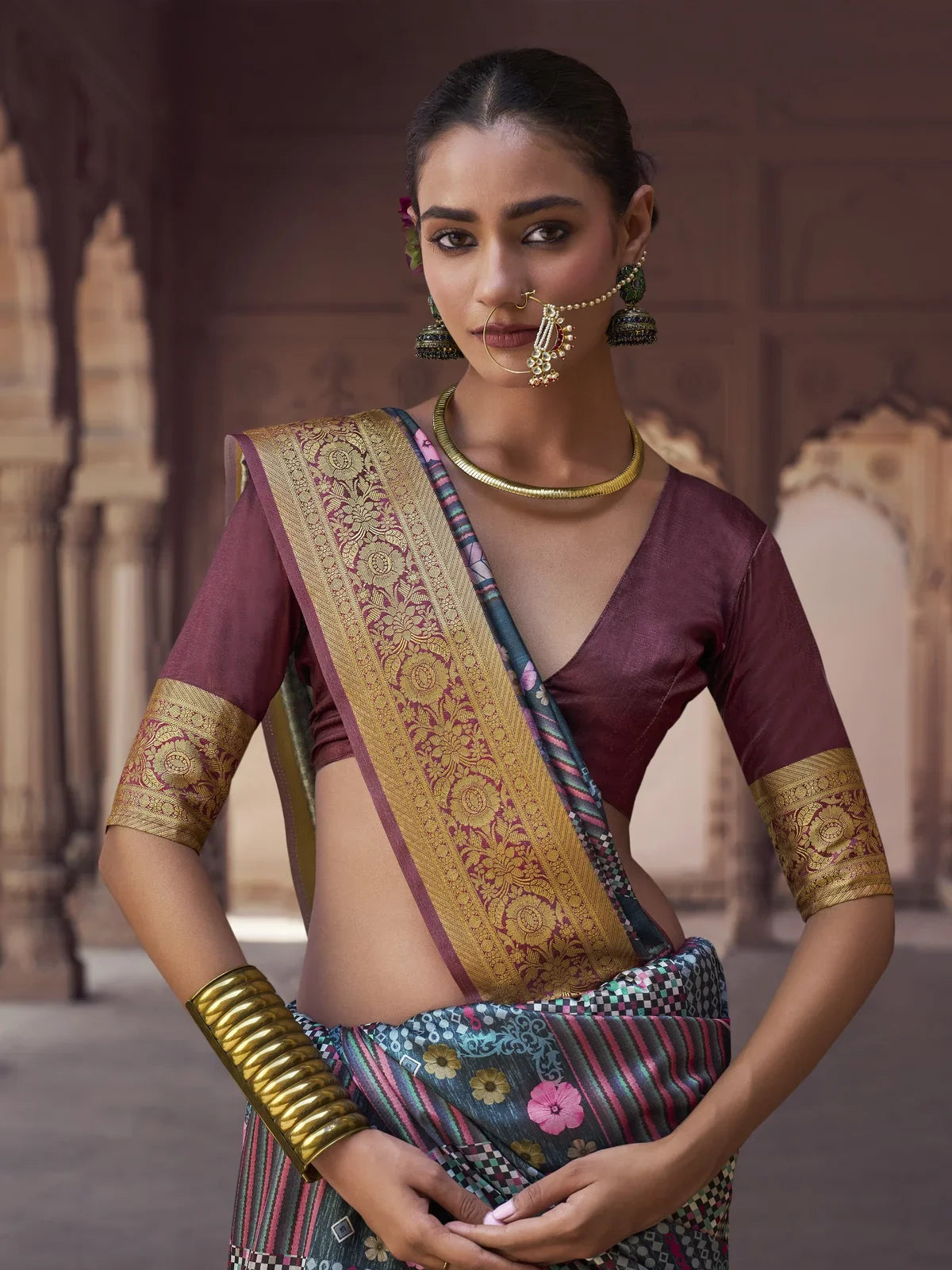 Tarani maroon silk saree with embroidered blouse upper body view