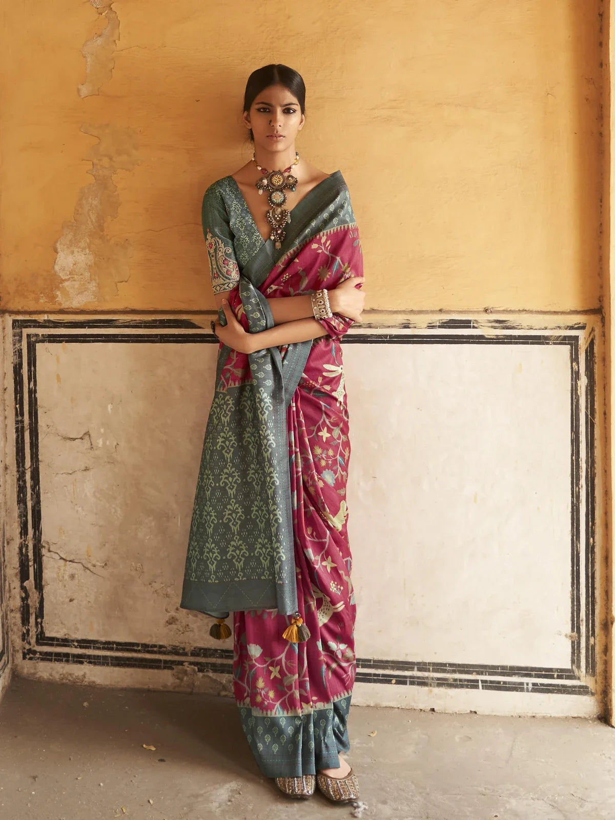 Tarani maroon tusser silk saree upper body view styled with statement necklace