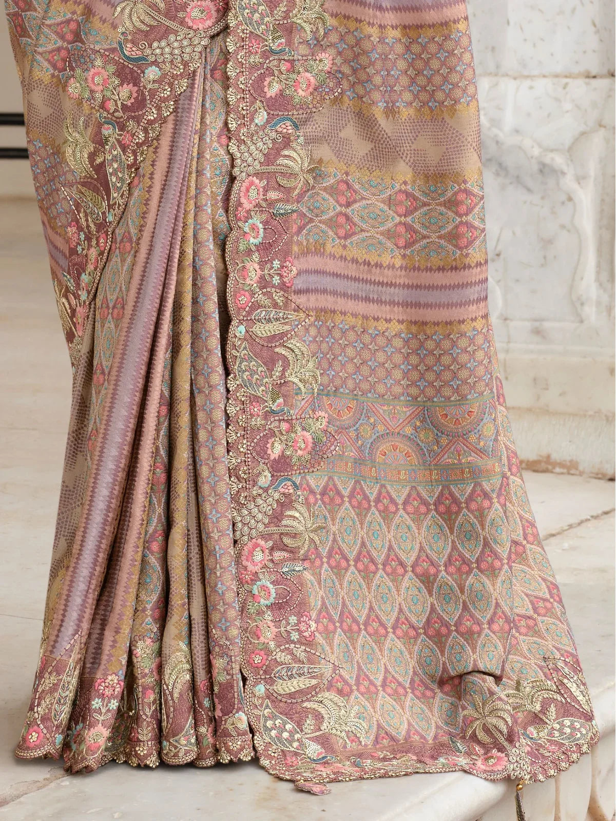 Tarani mauve silk saree closeup showing intricate embroidery and sequin detailing - closeup view