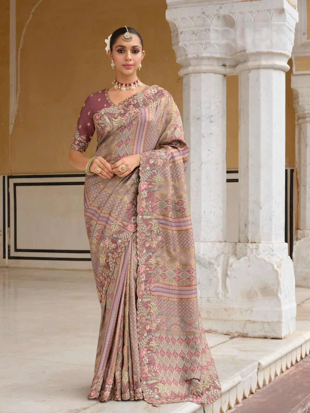 Tarani mauve silk saree with position print and embroidery khatli work with zari blouse - full view