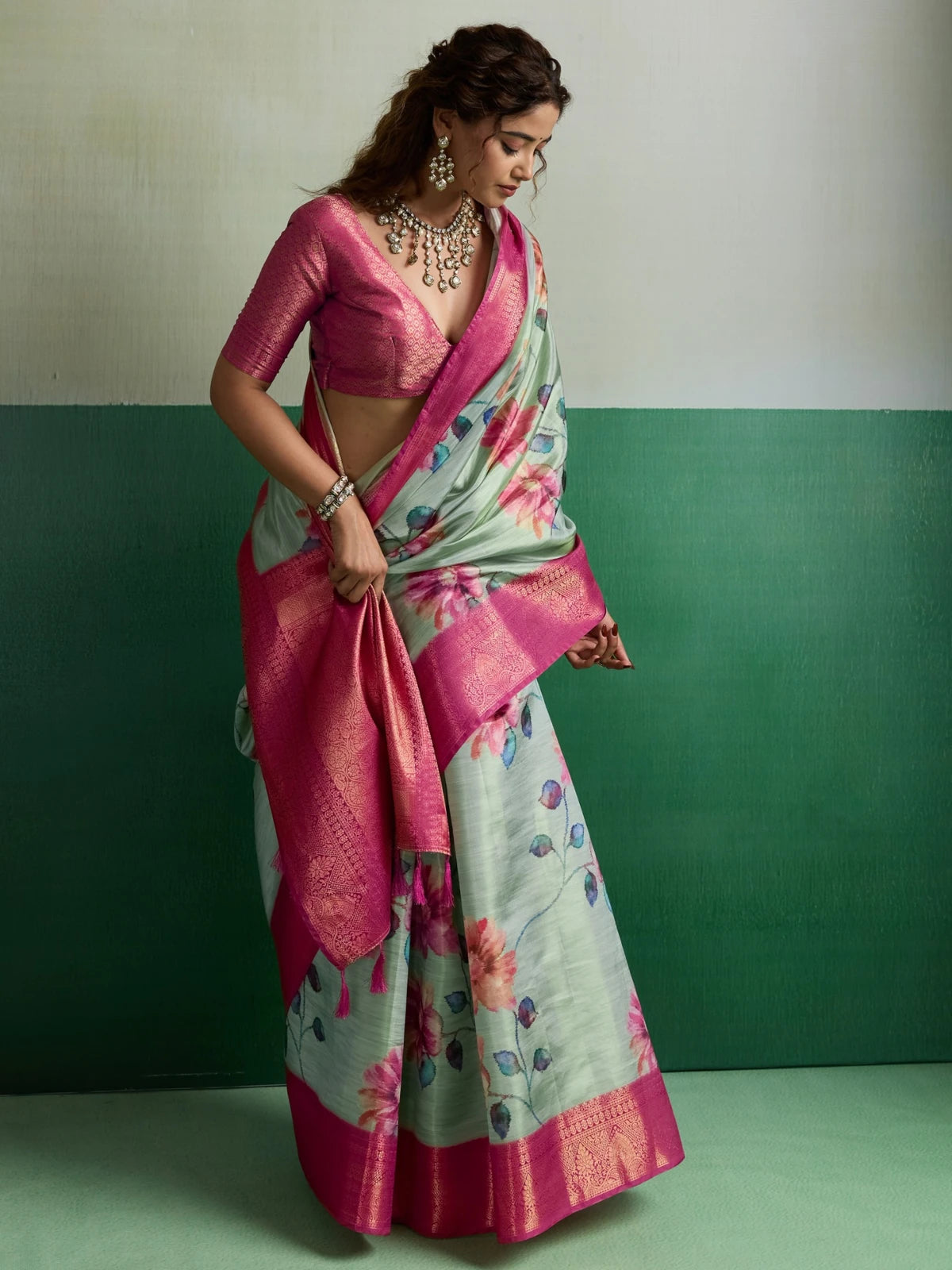 Tarani Pure Kanjivaram tissue silk saree in mint green floral print with pink border front-view