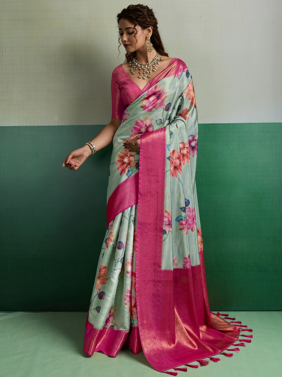 Tarani Pure Kanjivaram tissue silk saree in mint green floral print with pink border full-view
