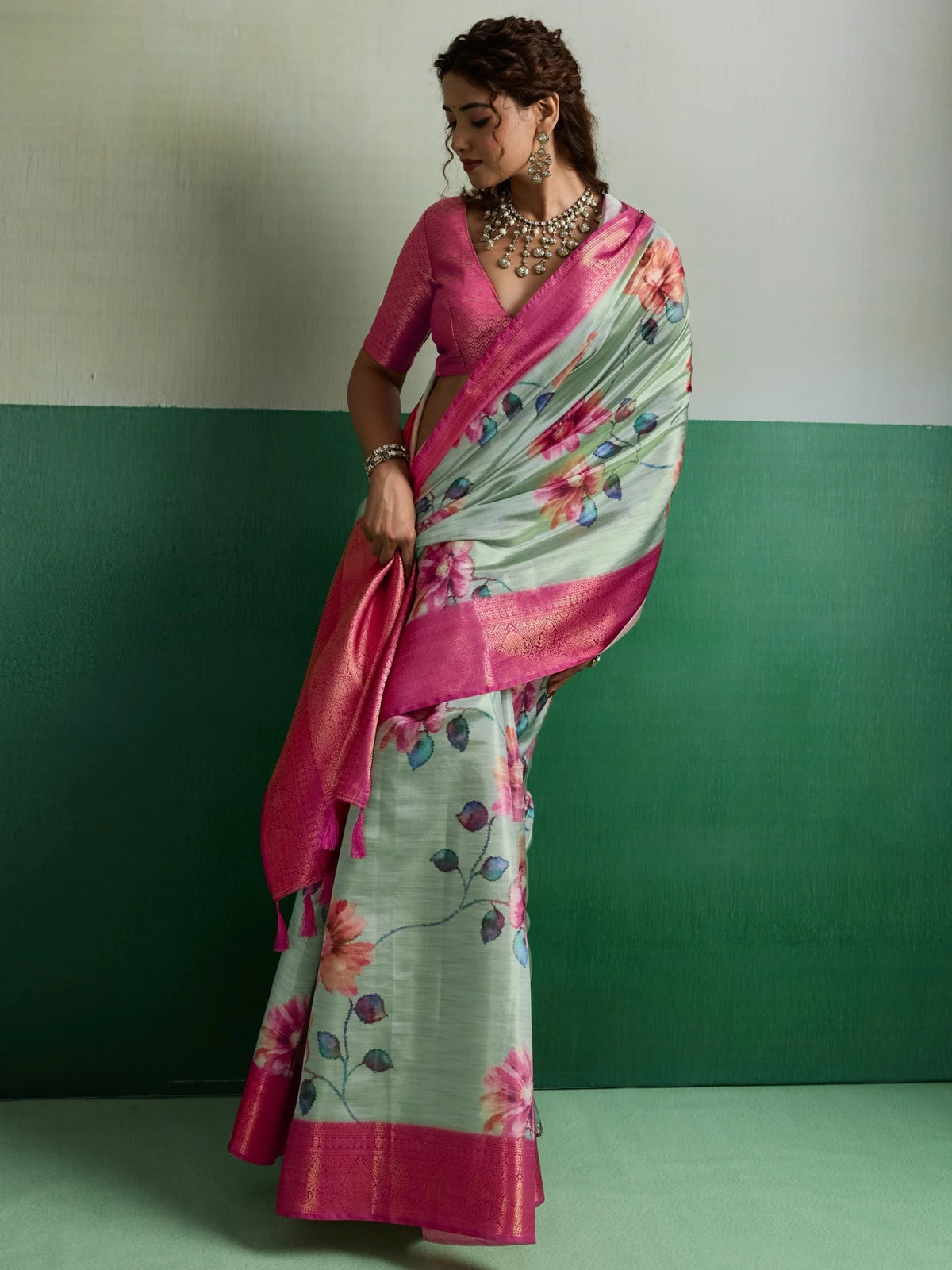 Tarani Pure Kanjivaram tissue silk saree in mint green floral print with pink border side-view