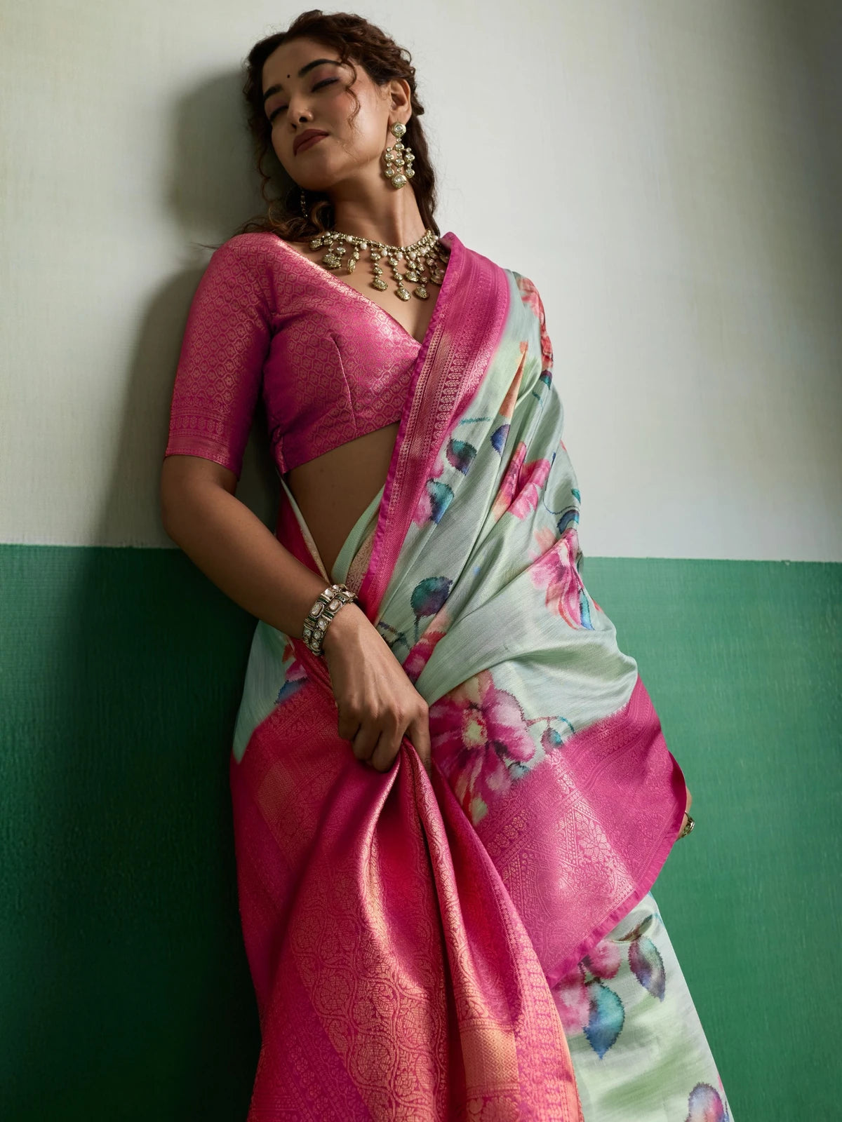 Tarani Pure Kanjivaram tissue silk saree in mint green floral print with pink border upper-body-view