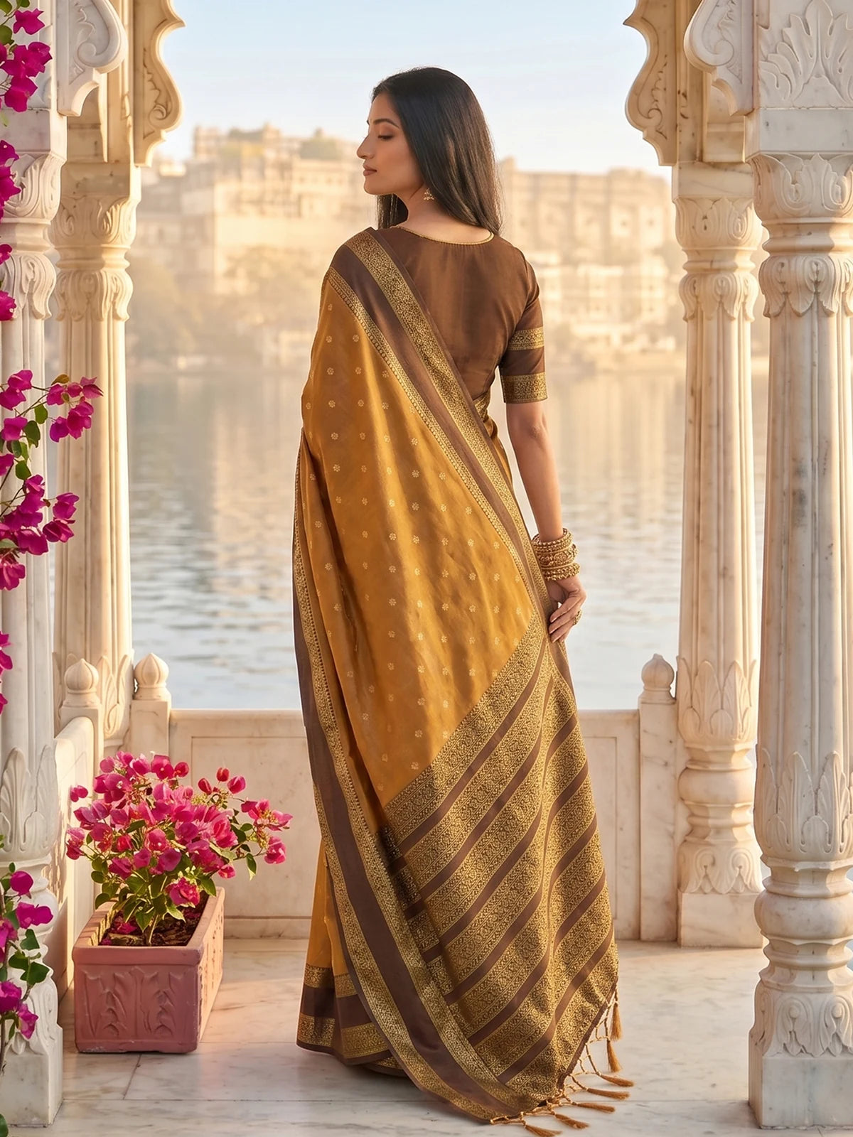 Tarani mustard soft silk saree back view with rich zari pallu and contrast border