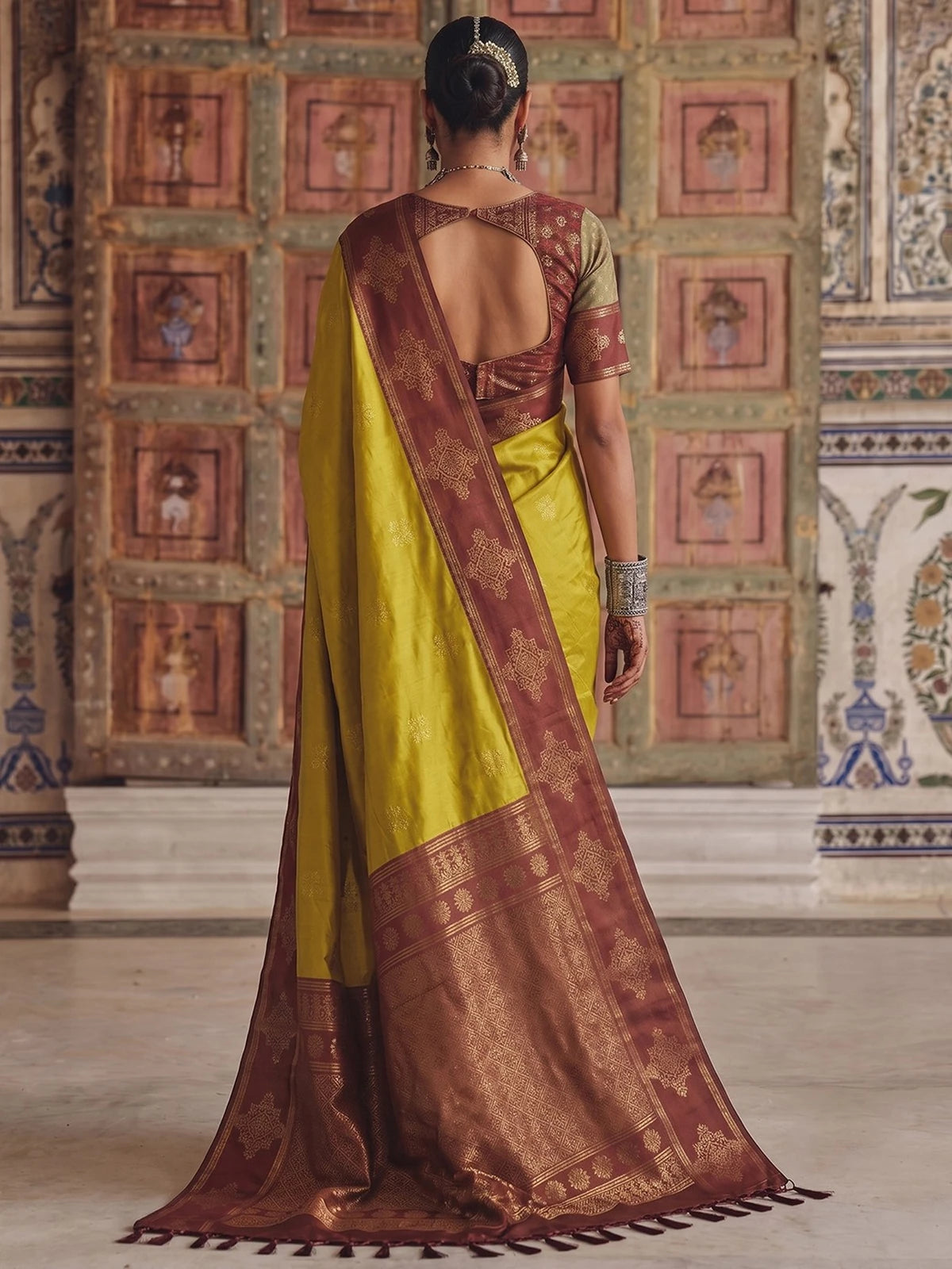 Tarani premium soft silk mustard saree with contrast border blouse view
