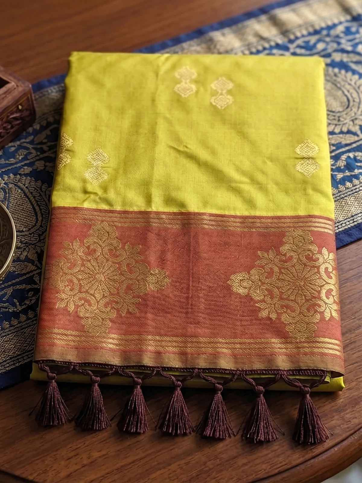 Tarani premium soft silk mustard saree with contrast border closeup view