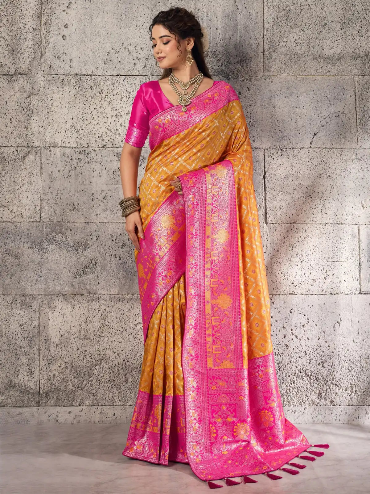 Tarani Banarasi silk mustard saree full view with contrast woven blouse and zari pallu