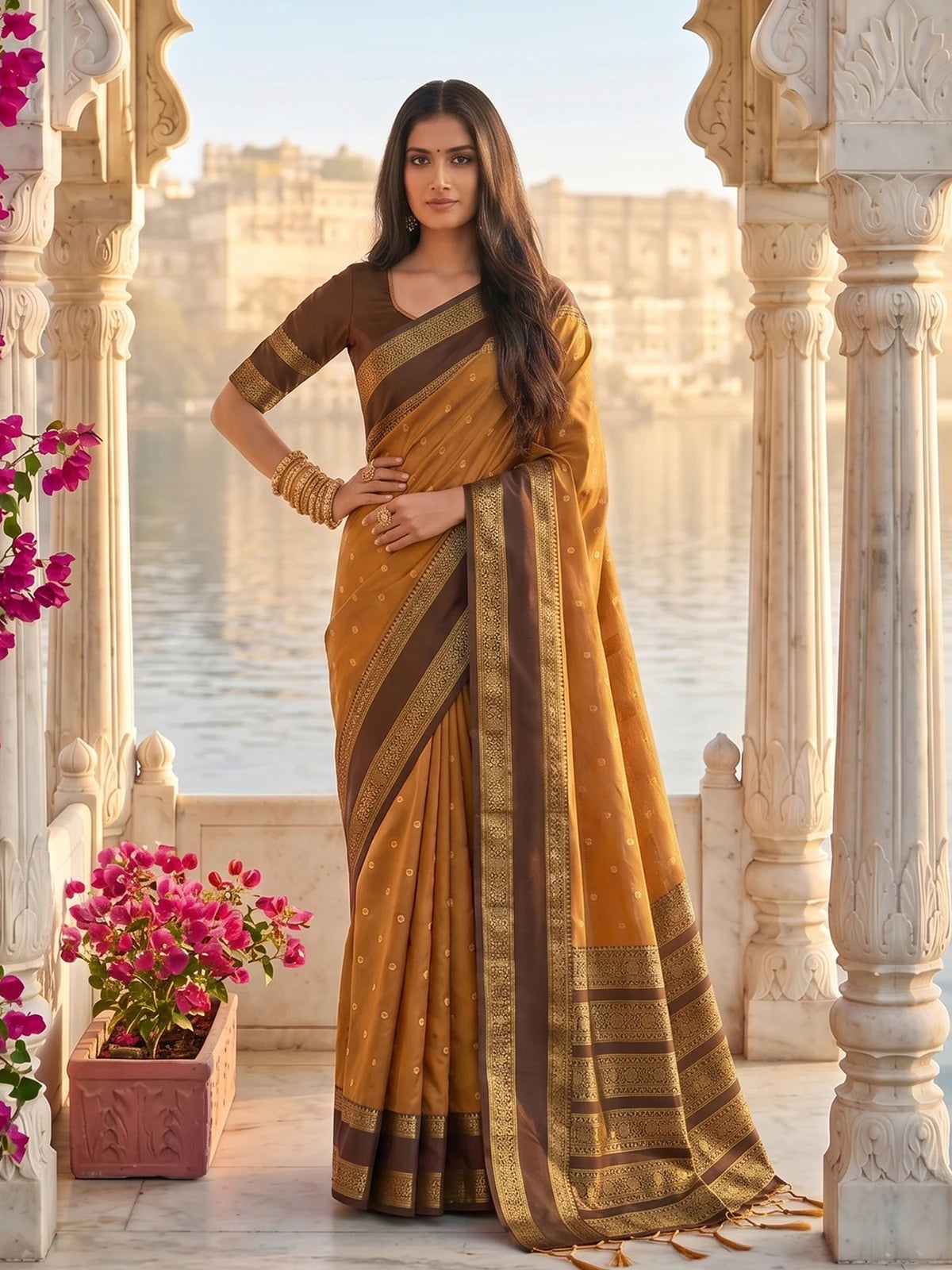 Tarani mustard soft silk saree with zari border full front view for festive and party wear