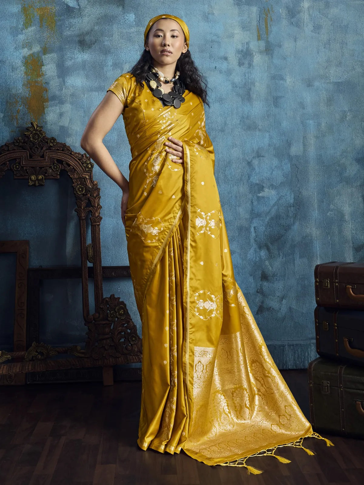 Tarani Nishika pure satin handloom weaving mustard saree full view with woven pallu and blouse piece