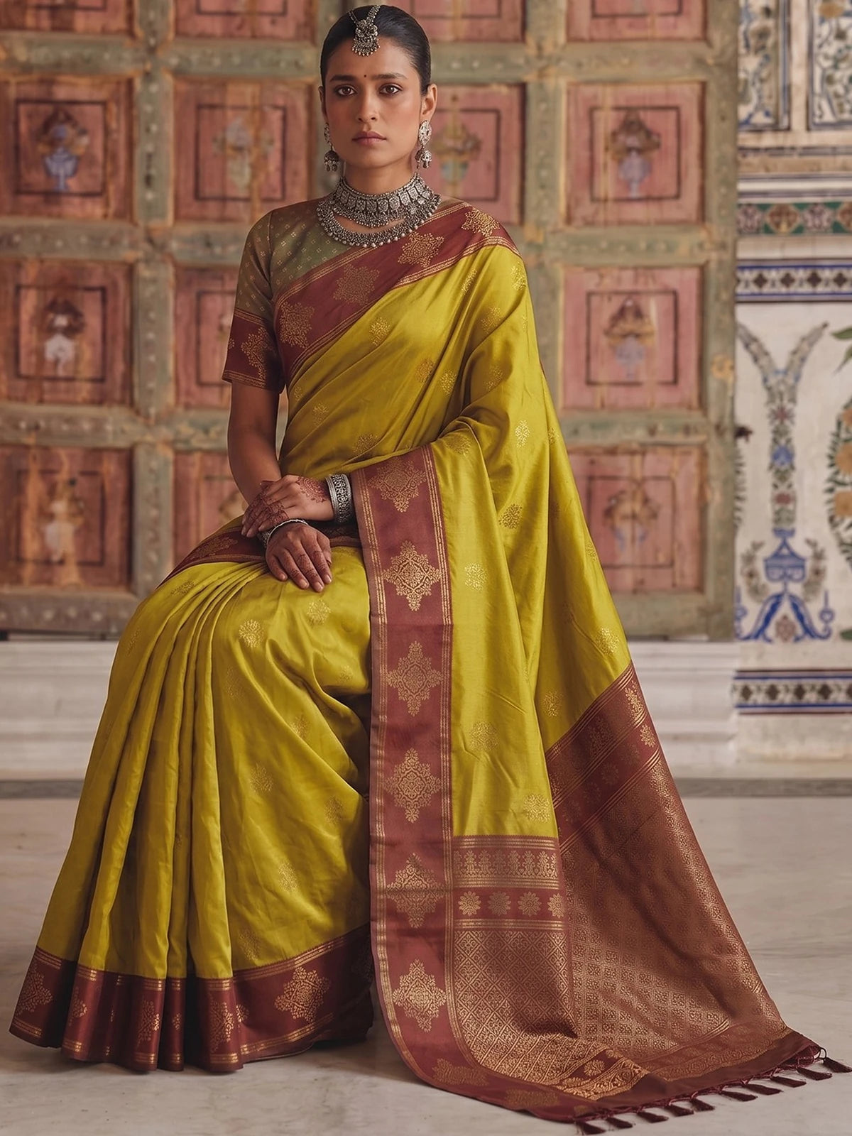 Tarani premium soft silk mustard saree with contrast border pallu view