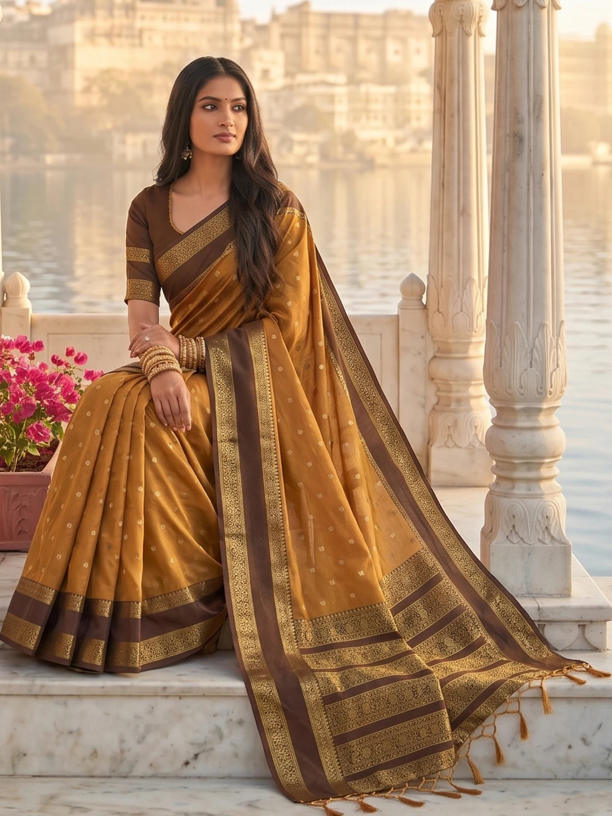 Tarani mustard zari work silk saree pallu view with elegant festive drape styling
