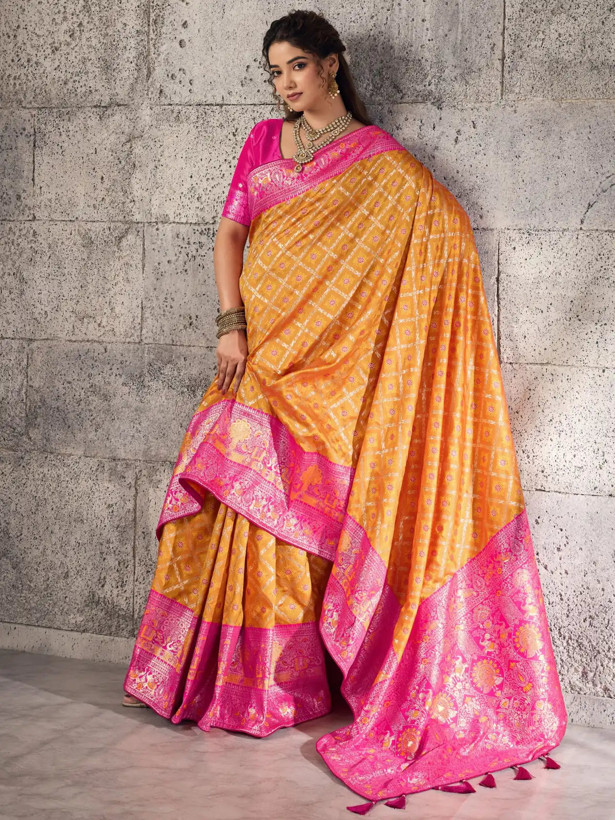 Tarani Banarasi silk mustard saree side view showing elegant drape
