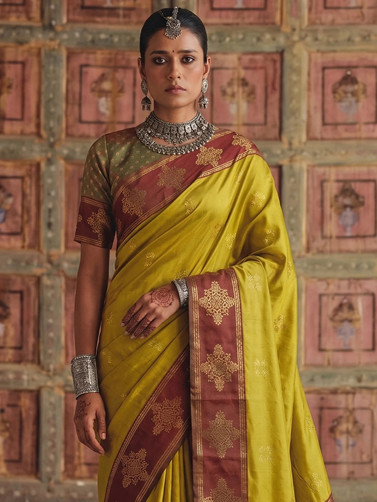 Tarani premium soft silk mustard saree with contrast border upper body view