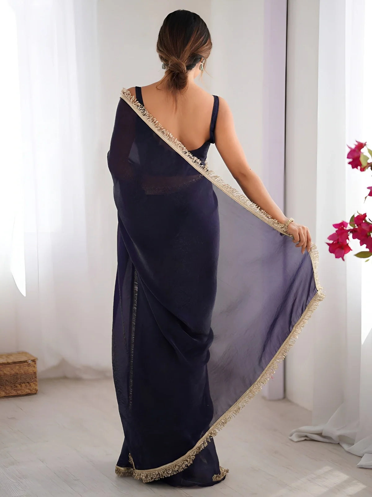 Tarani navy blue saree with soft shimmer fabric and elegant blouse back view - party wear look
