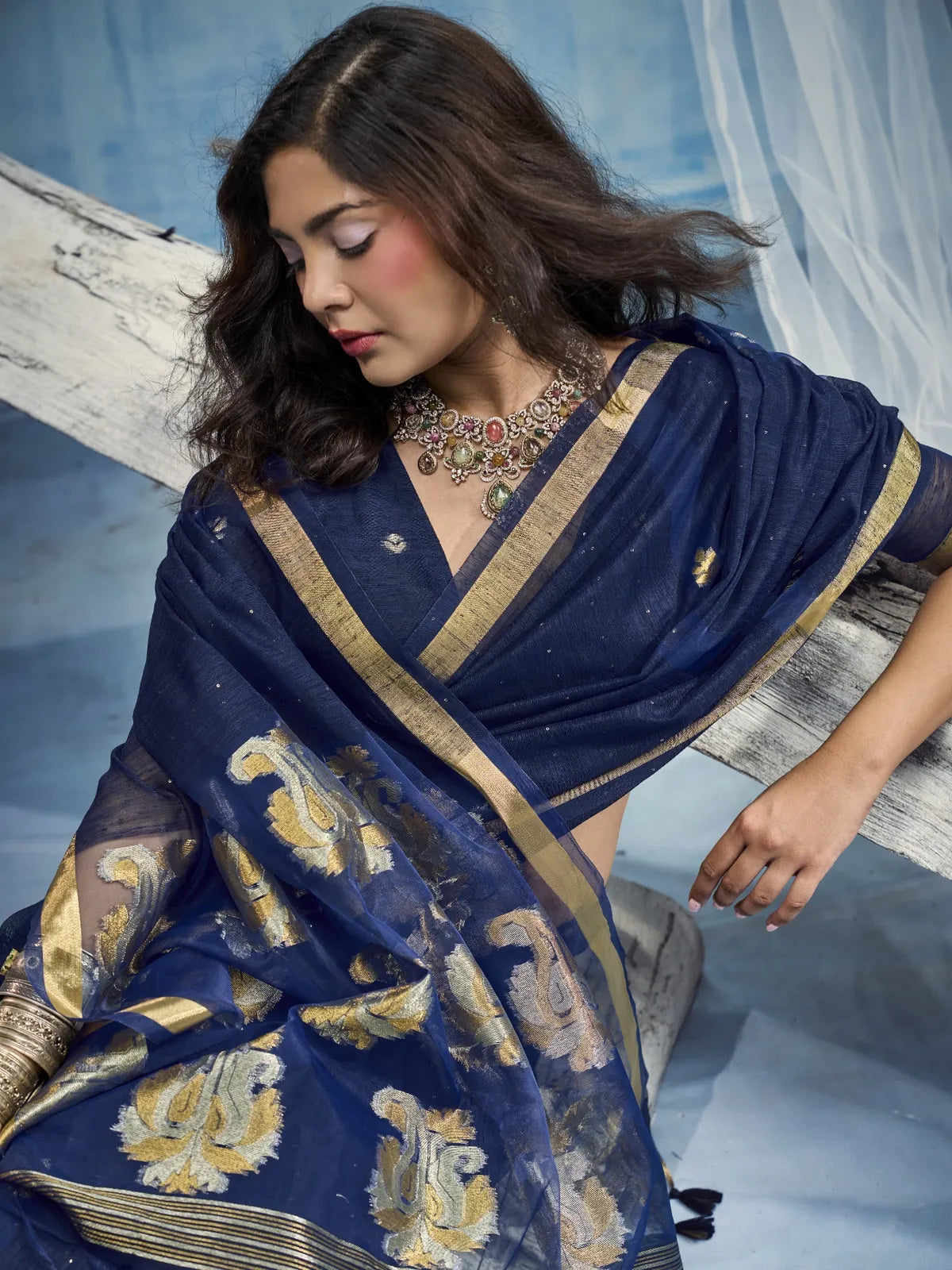 Tarani navy blue saree closeup showing woven motifs and border