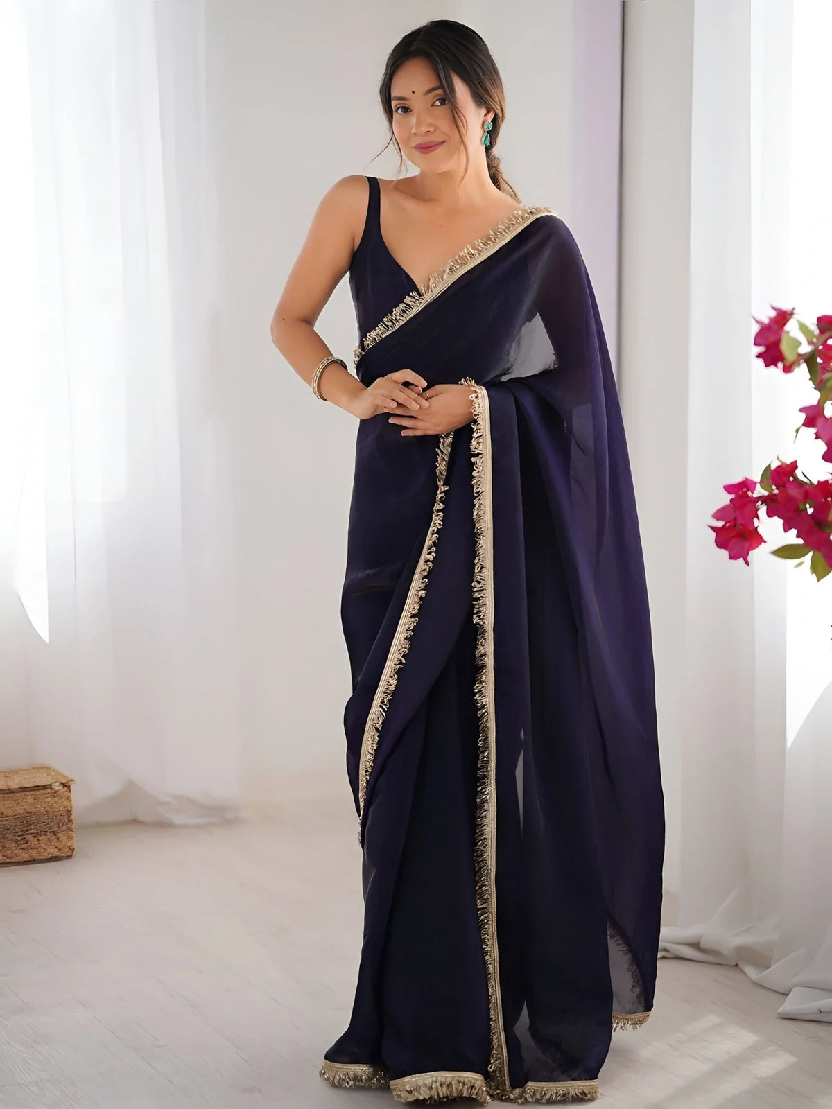 Tarani navy blue soft space silk saree with sequin zalar lace border and elegant blouse - front view