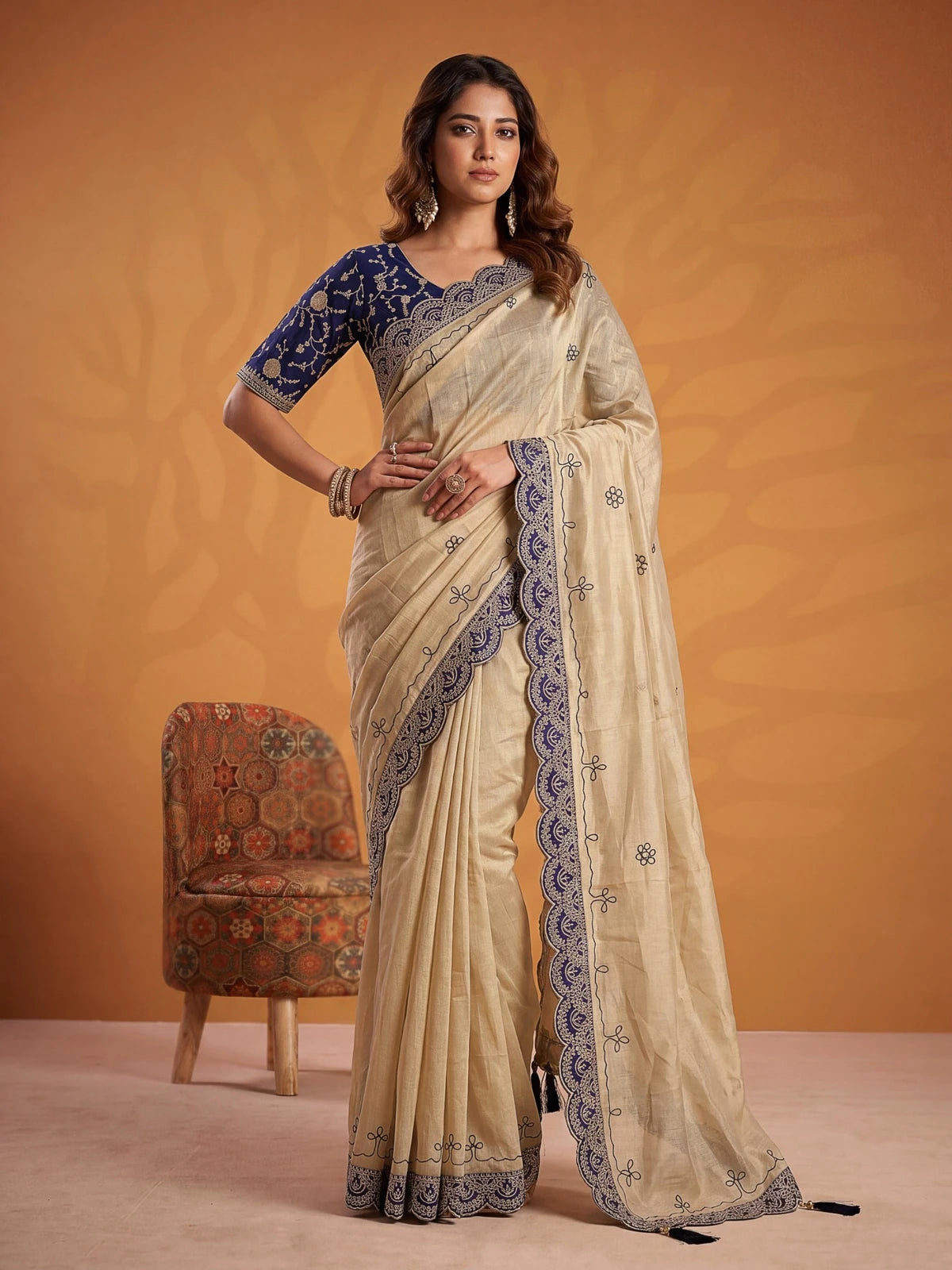 Tarani navy blue Erodee Silk saree with dori and gotta pati work full front festive look