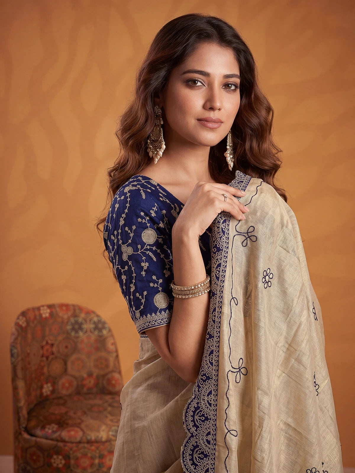 Tarani navy blue Erodee Silk saree side pose with elegant dori work and festive styling