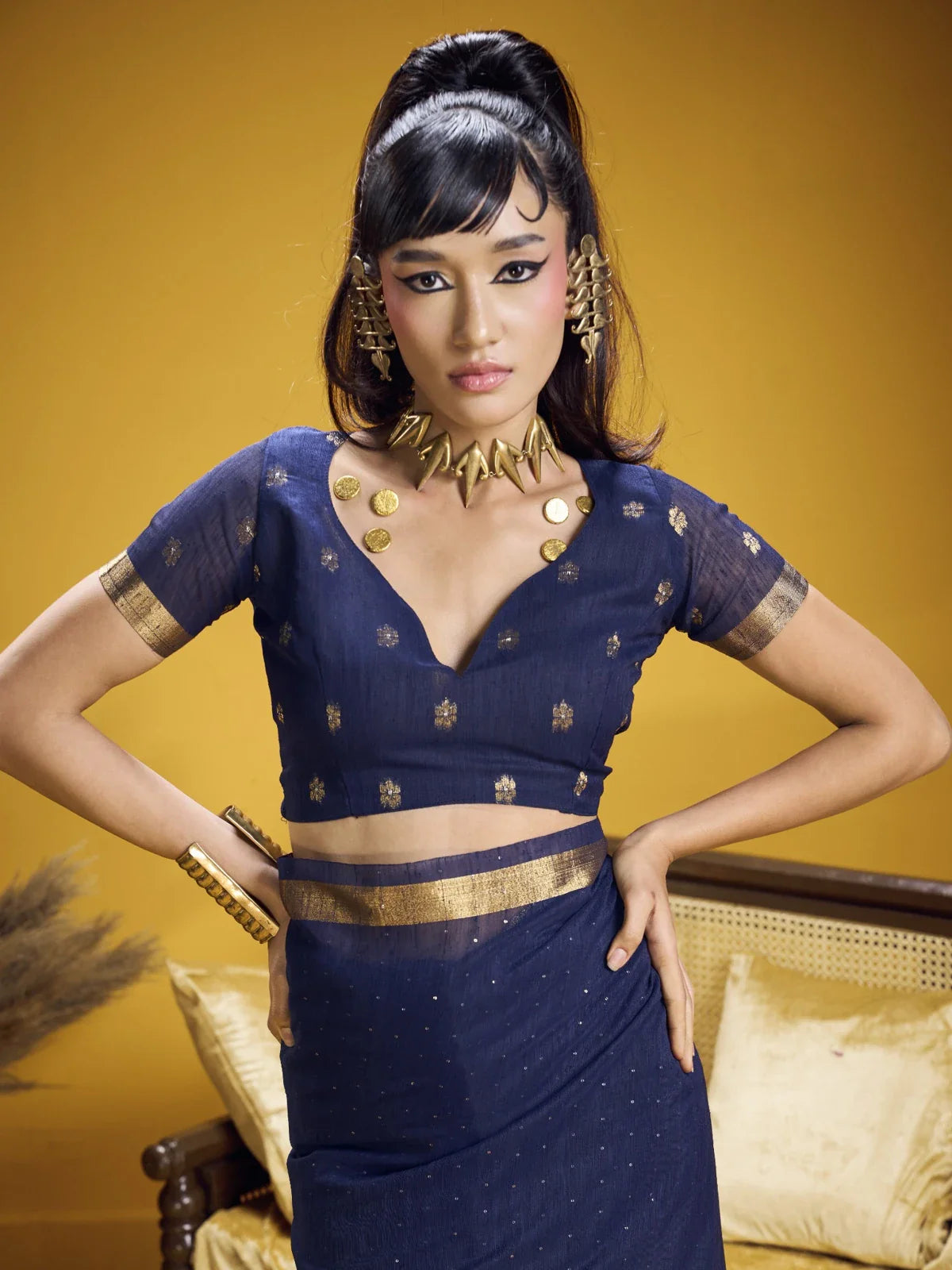 Tarani navy blue silk saree upper body view with gold blouse design and fine weave