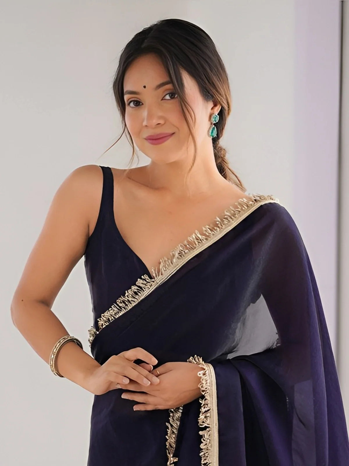Tarani navy blue saree in soft space silk with shimmering lace and blouse - upper body view