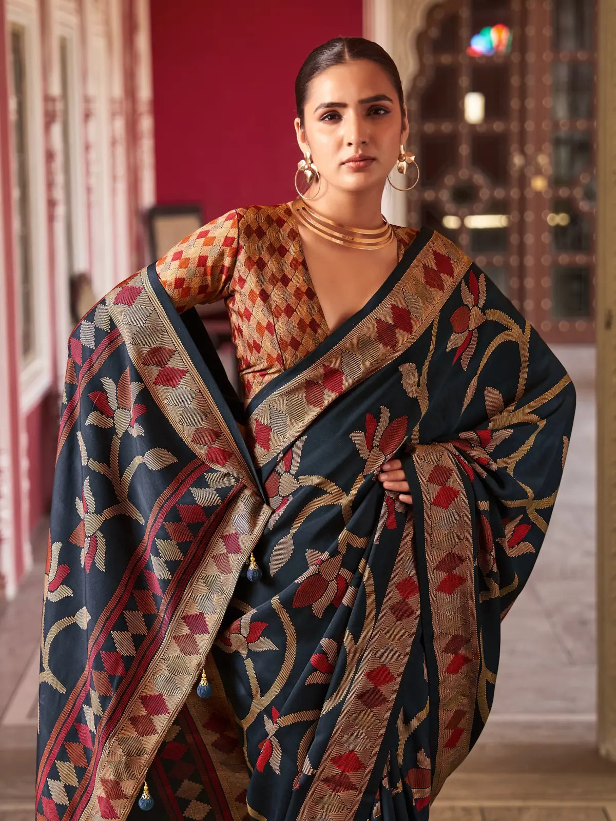 Tarani premium silk saree upper body closeup with geometric brocade blouse in red gold