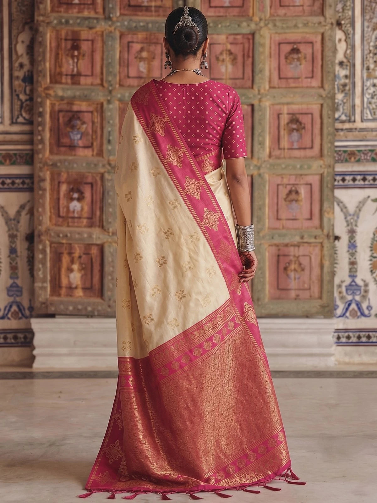 Tarani premium soft silk saree back view with woven pallu