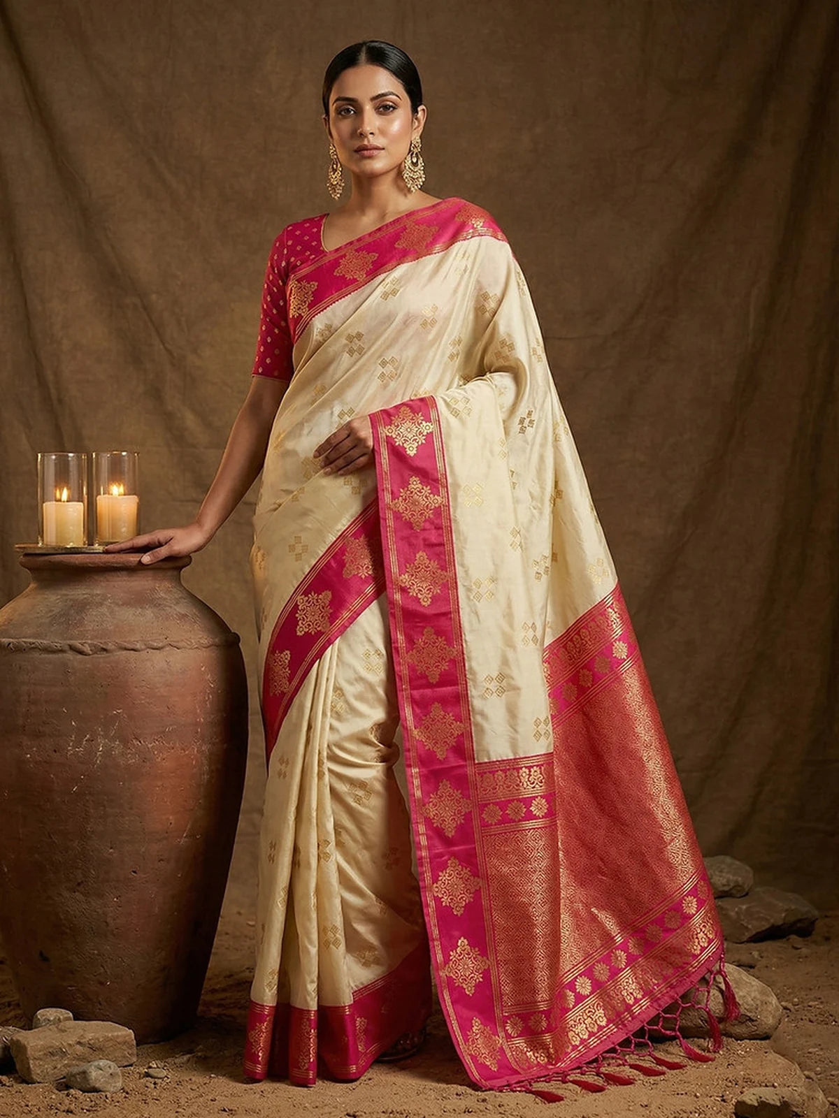 Tarani off white soft silk saree with pink zari border and blouse for festive wedding wear front view