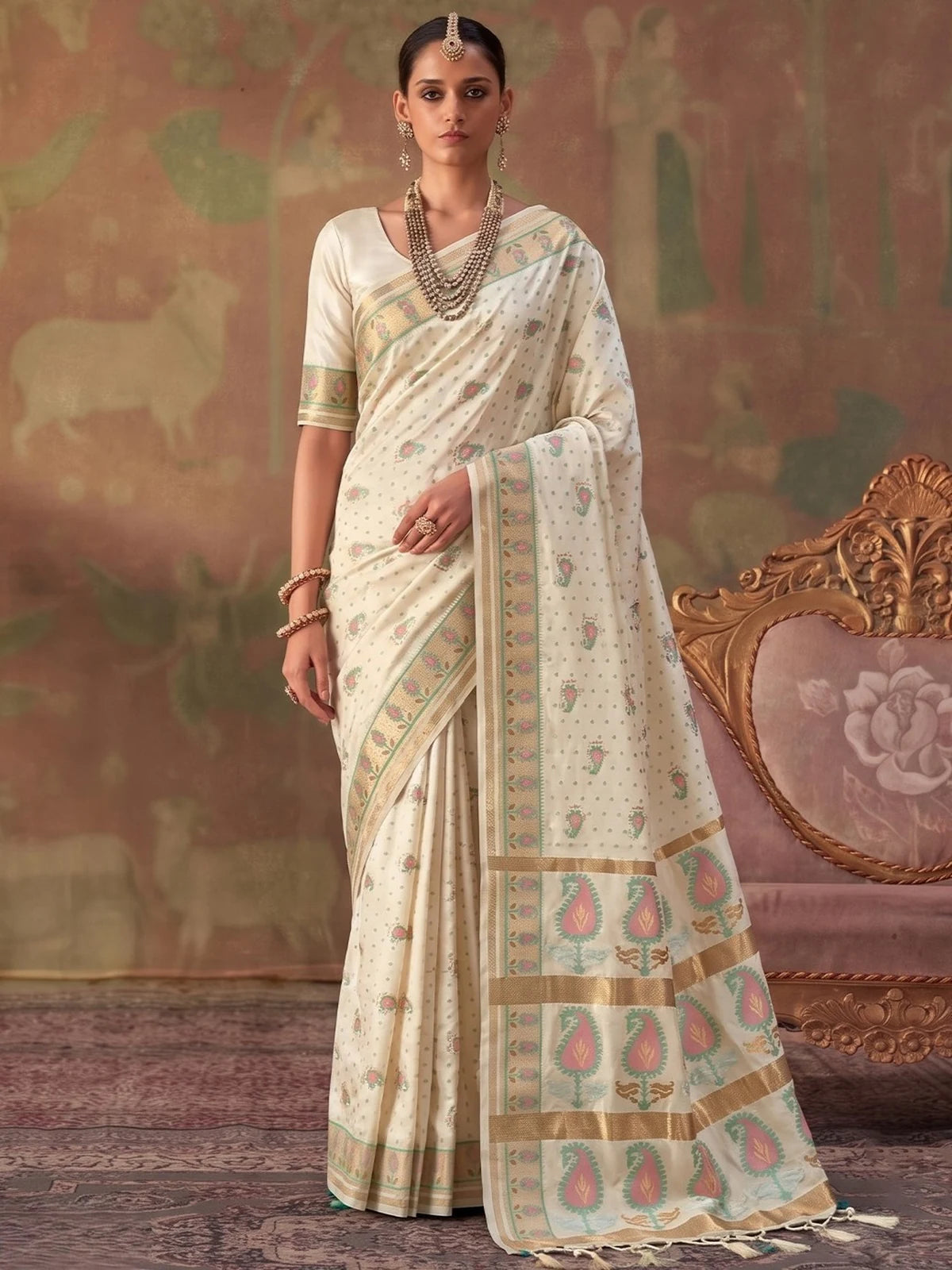 Tarani off white silk saree with zari weaving front view for party and wedding wear