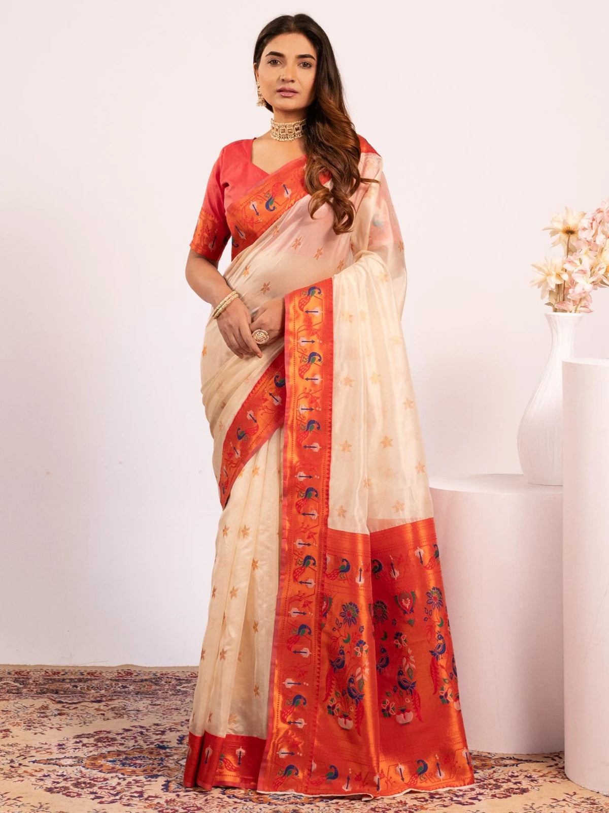Tarani Premium Soft Tissue Silk off white Paithani saree full front view with rich zari woven pallu