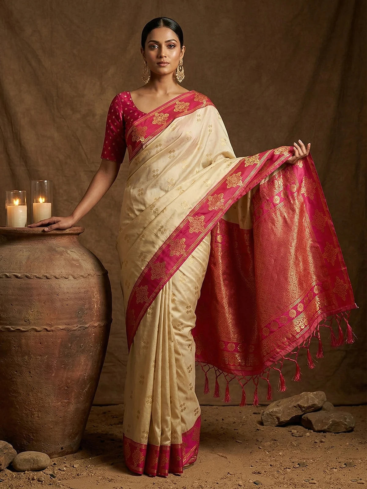 Tarani off white soft silk saree with rich pink zari pallu and tassels for wedding wear